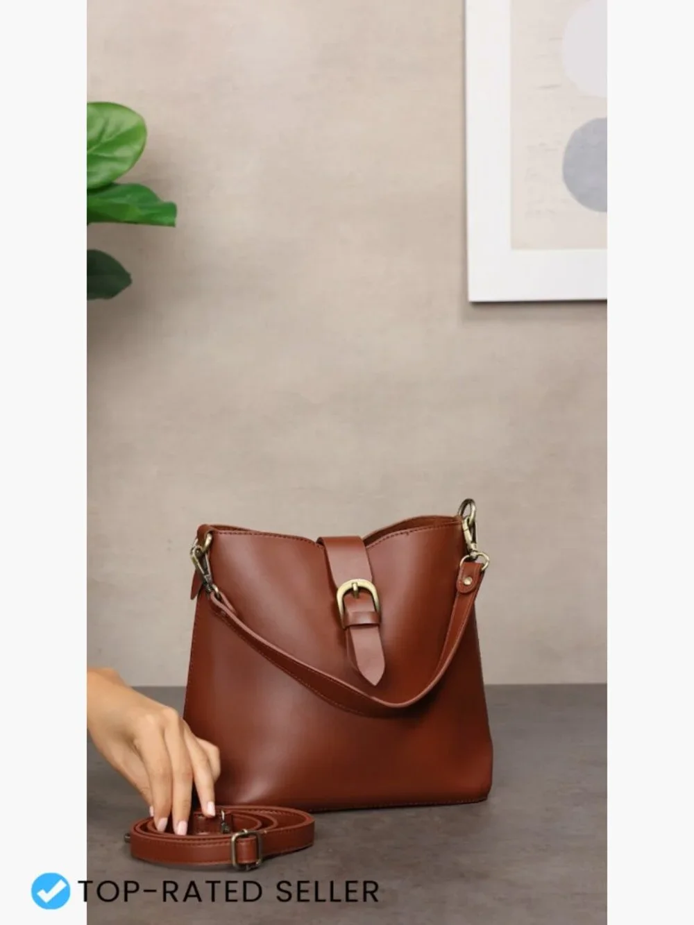 Vegan Leather Bucket Bag Retro Hobo Shoulder Purse Faux Suede Lining Adjustable